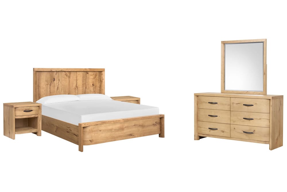 Magnussen - Laramie Honey Wheat California King Panel Bed 2 Open Nightstands And Double Drawer Dresser With Landscape Mirror - B6433-74-KIT9 view 1