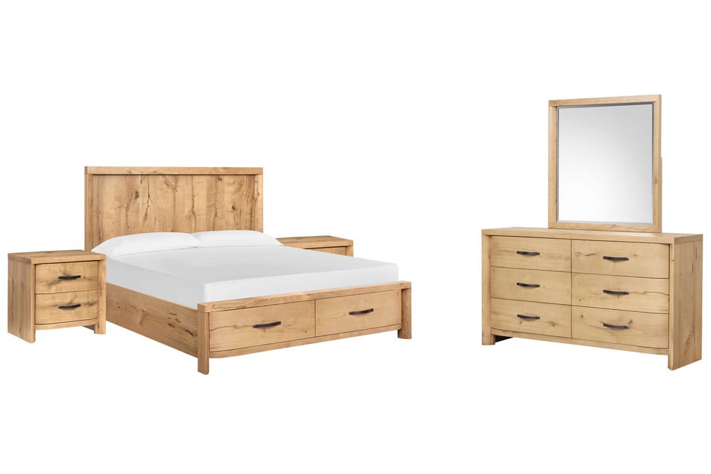Magnussen - Laramie Honey Wheat California King Panel Storage Bed 2 Nightstands And Double Drawer Dresser With Landscape Mirror - B6433-74A-KIT4 view 1