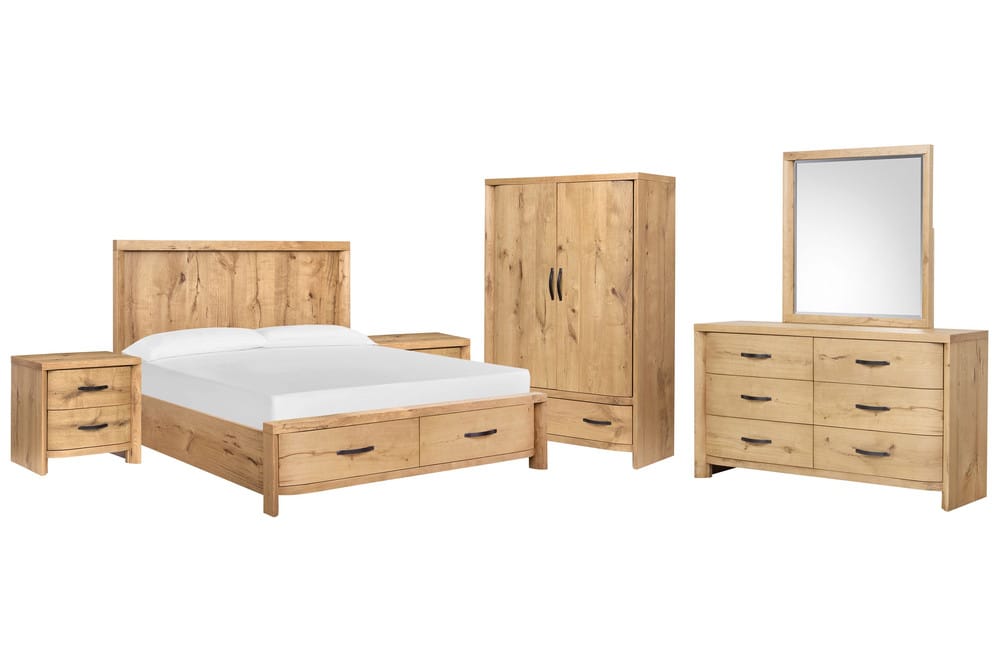 Magnussen - Laramie Honey Wheat California King Panel Storage Bed 2 Nightstands Double Drawer Dresser With Landscape Mirror And Armoire - B6433-74A-KIT6 view 1