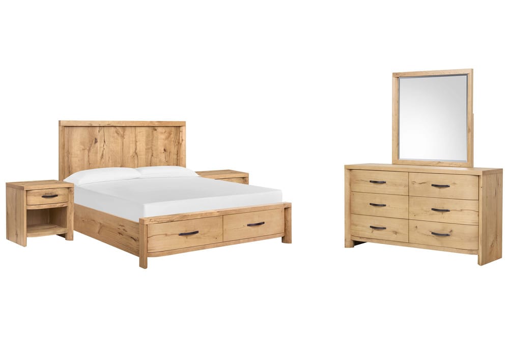 Magnussen - Laramie Honey Wheat California King Panel Storage Bed 2 Open Nightstands And Double Drawer Dresser With Landscape Mirror - B6433-74A-KIT9 view 1