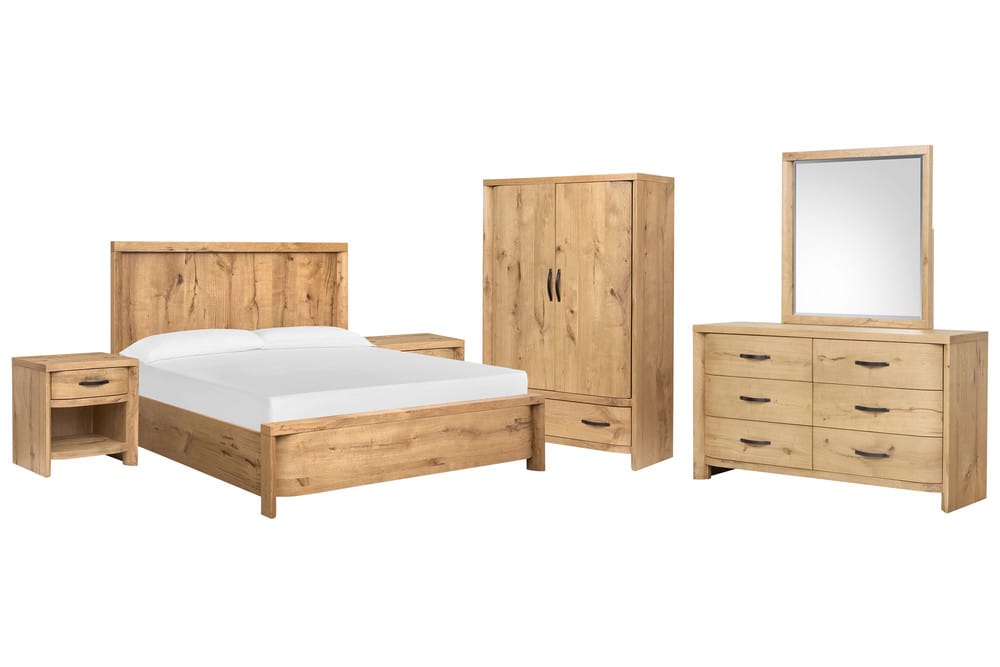 Magnussen - Laramie Honey Wheat King Panel Bed 2 Open Nightstands Double Drawer Dresser With Landscape Mirror And Armoire - B6433-64-KIT11 view 1