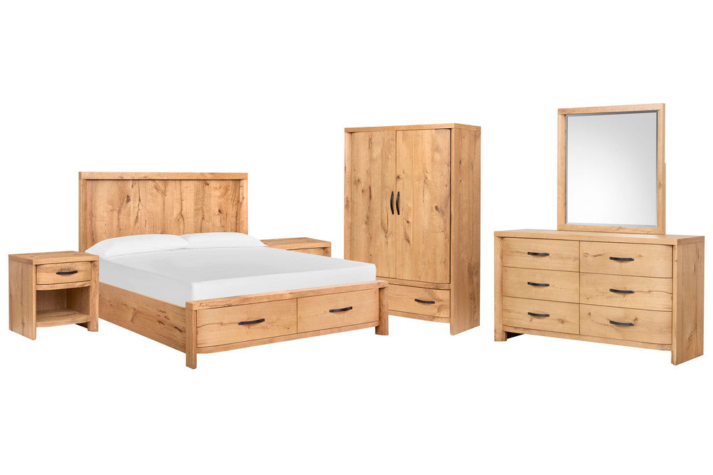 Magnussen - Laramie Honey Wheat King Panel Storage Bed 2 Open Nightstands Double Drawer Dresser With Landscape Mirror And Armoire - B6433-64A-KIT11 view 1