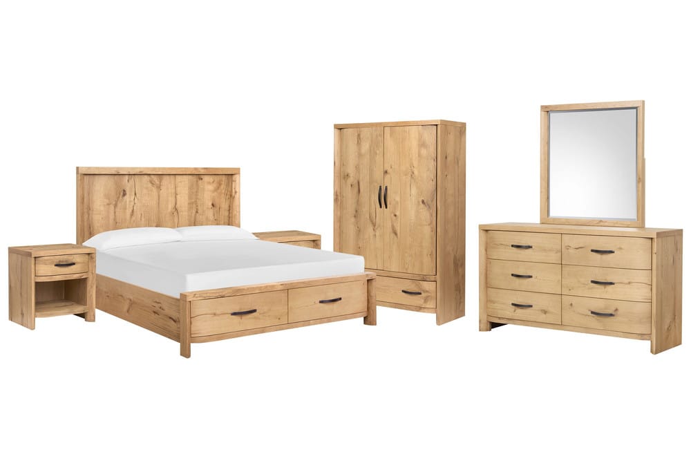 Magnussen - Laramie Honey Wheat King Panel Storage Bed 2 Open Nightstands Double Drawer Dresser With Landscape Mirror And Armoire - B6433-64A-KIT11 view 1