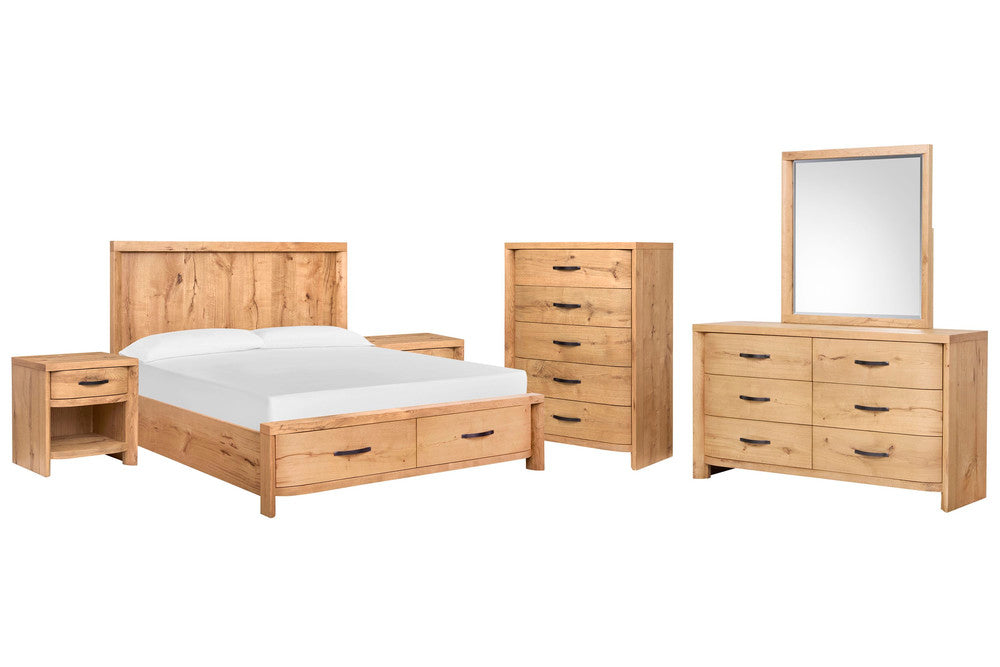 Magnussen - Laramie Honey Wheat King Panel Storage Bed 2 Open Nightstands Double Drawer Dresser With Landscape Mirror And Drawer Chest - B6433-64A-KIT10 view 1