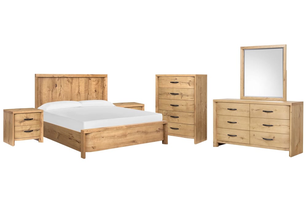 Magnussen - Laramie Honey Wheat Queen Panel Bed 2 Nightstands Double Drawer Dresser With Landscape Mirror And Drawer Chest - B6433-54-KIT5 view 1