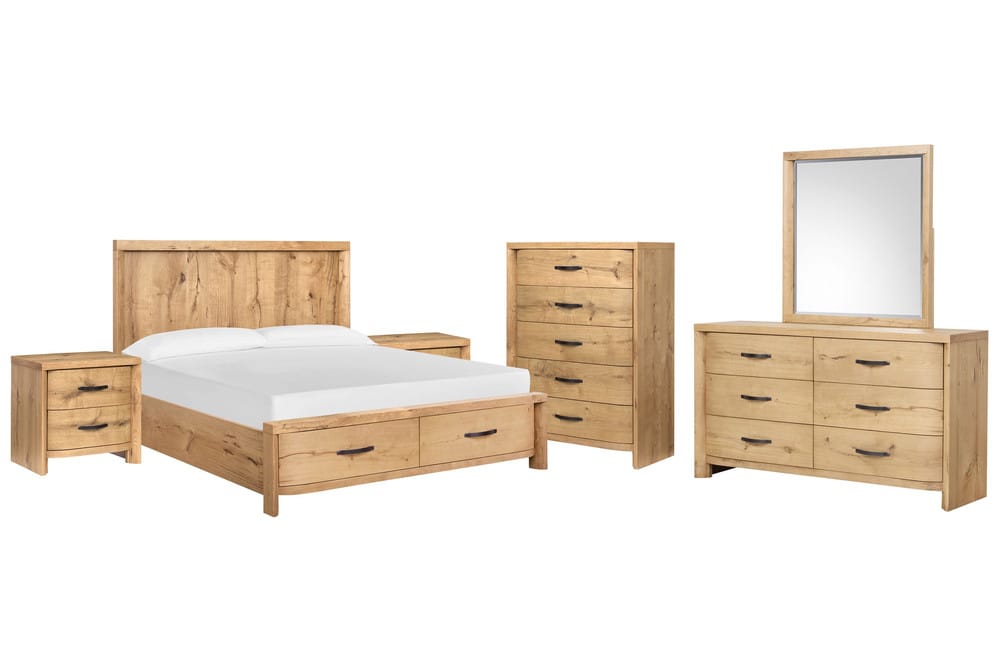 Magnussen - Laramie Honey Wheat Queen Panel Storage Bed 2 Nightstands Double Drawer Dresser With Landscape Mirror And Drawer Chest - B6433-54A-KIT5 view 1