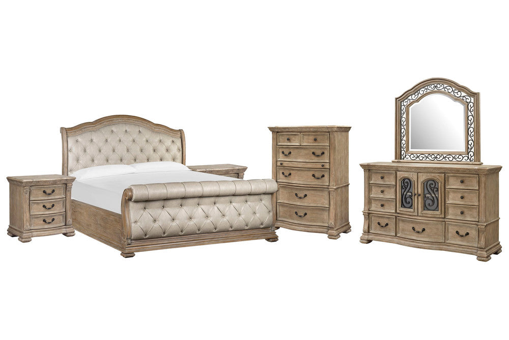 Magnussen - Marisol Fawn California King Upholstered Sleigh Bed 2 Nightstands Drawer Dresser With Landscape Mirror And Drawer Chest - B5132-72-KIT5 view 1