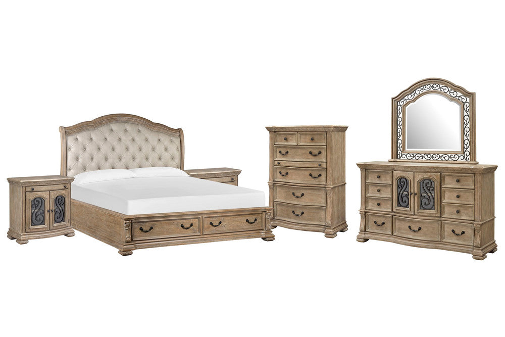 Magnussen - Marisol Fawn King Upholstered Sleigh Storage Bed 2 Bachelor Chests Drawer Dresser With Landscape Mirror And Drawer Chest - B5132-62A-KIT9 view 1