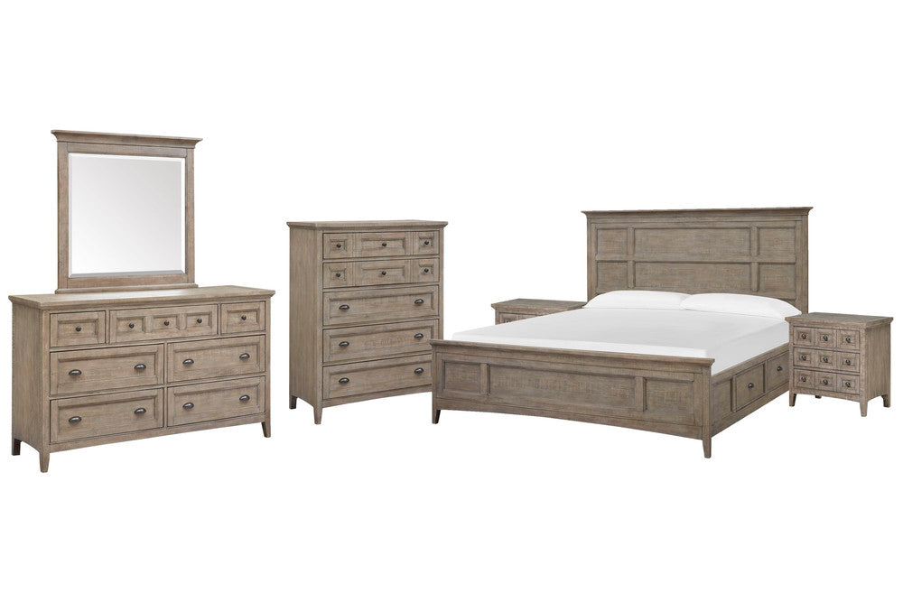 Magnussen - Paxton Place Dovetail Grey California King Panel Storage Bed 2 Nightstands Drawer Dresser With Landscape Mirror And Drawer Chest - B4805-75-KIT5 view 1