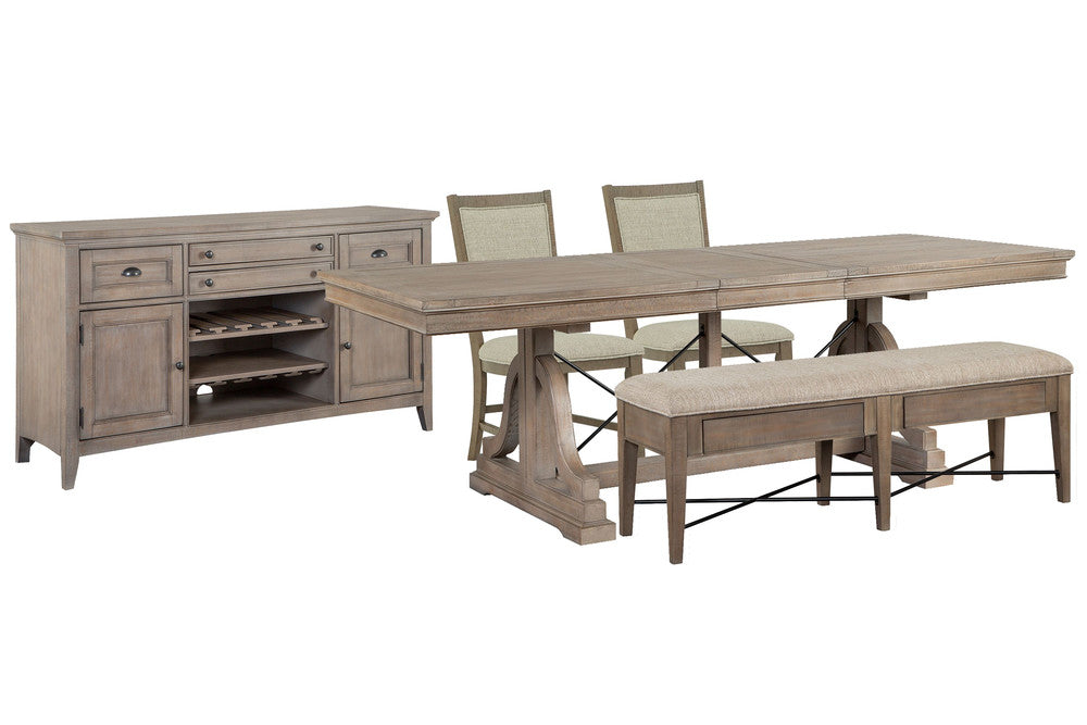 Magnussen - Paxton Place Dovetail Grey Extendable Trestle Dining Table With 2 Step Upholstered Side Chairs Upholstered Bench And Buffet - D4805-25-KIT18 view 1