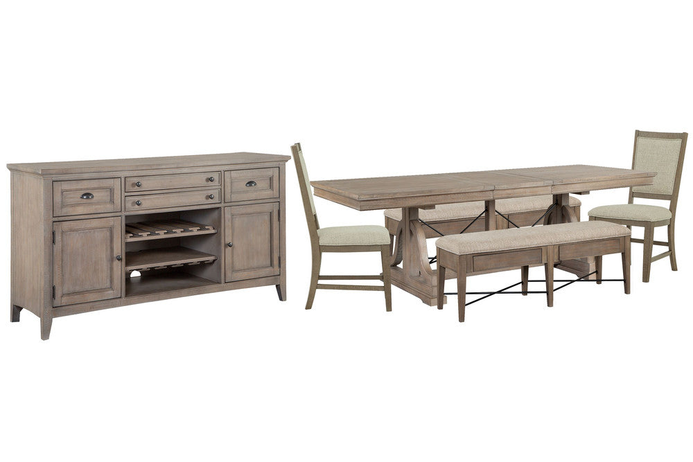 Magnussen - Paxton Place Dovetail Grey Extendable Trestle Dining Table With 2 Upholstered Benches 2 Upholstered Side Chairs And Buffet - D4805-25-KIT36 view 1