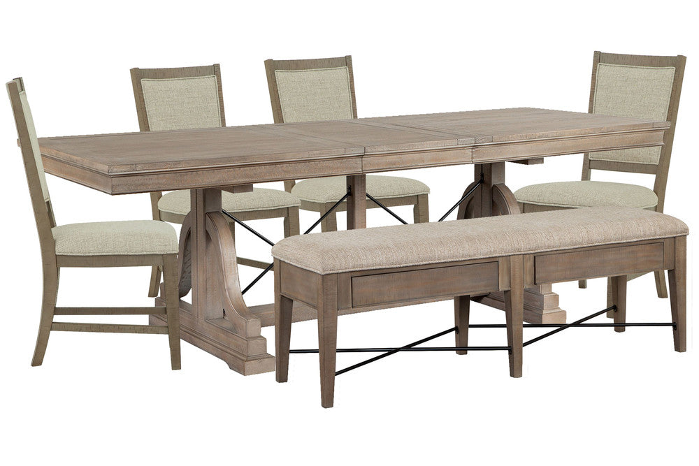 Magnussen - Paxton Place Dovetail Grey Extendable Trestle Dining Table With 4 Step Upholstered Side Chairs And Upholstered Bench - D4805-25-KIT19 view 1