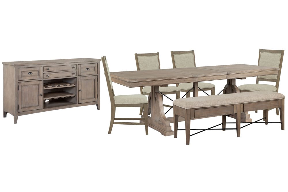 Magnussen - Paxton Place Dovetail Grey Extendable Trestle Dining Table With 4 Step Upholstered Side Chairs Upholstered Bench And Buffet - D4805-25-KIT20 view 1
