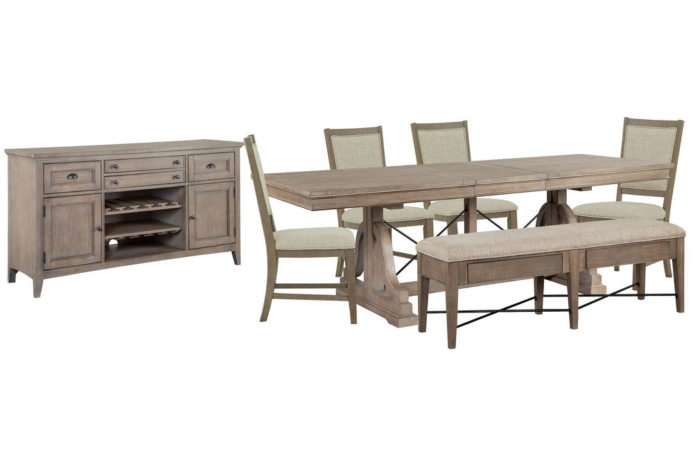Magnussen - Paxton Place Dovetail Grey Extendable Trestle Dining Table With 4 Step Upholstered Side Chairs Upholstered Bench And Buffet - D4805-25-KIT20 view 1