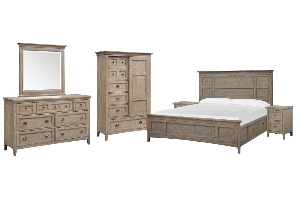 Magnussen - Paxton Place Dovetail Grey King Panel Storage Bed 2 Small Nightstands Drawer Dresser With Landscape Mirror And Door Chest - B4805-65-KIT11 view 1