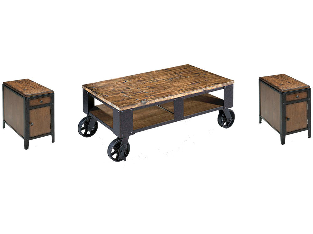 Magnussen - Pinebrook Distressed Natural Pine Rectangular 2 Braking Casters Cocktail Table With 2 Chairside Door End Table - T1755-43KIT11 view 1