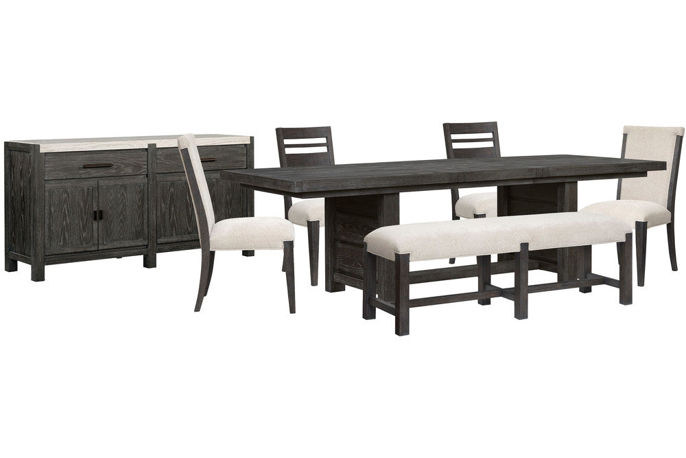 Magnussen - Plum Creek Ravenwood Black Extendable Trestle Dining Table With 2 Side Chairs 2 Upholstered Side Chairs Bench And Sideboard - D5990-21-KIT32 view 1