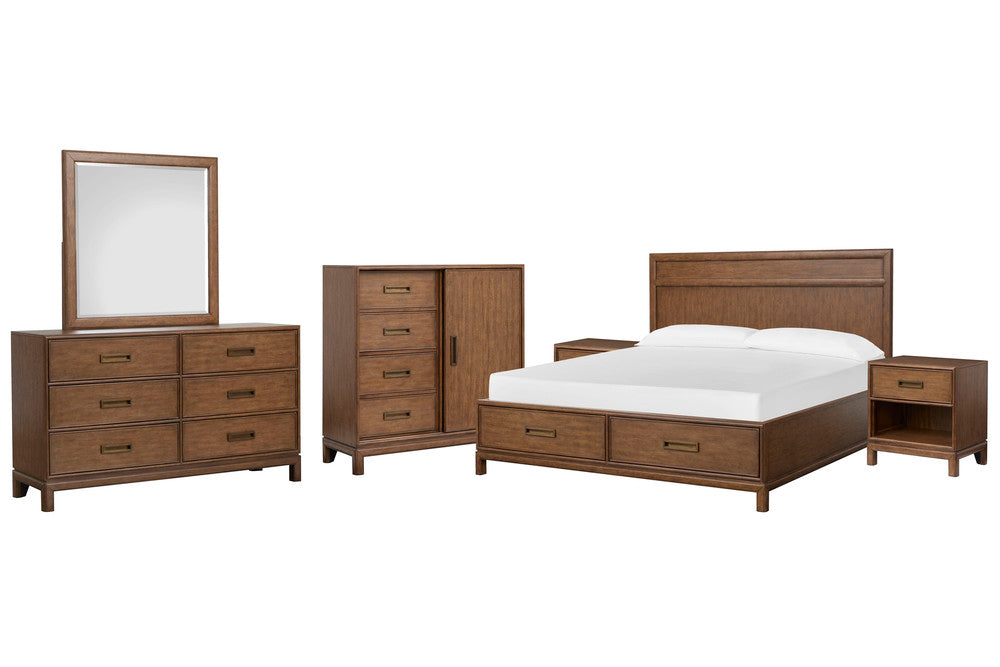 Magnussen - Ridgefield Russet Queen Panel Storage Bed 2 Open Nightstands Double Drawer Dresser With Landscape Mirror And Door Chest - B6436-54A-KIT11 view 1