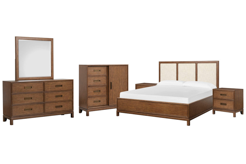 Magnussen - Ridgefield Russet Queen Upholstered Panel Bed 2 Nightstands Double Drawer Dresser With Landscape Mirror And Door Chest - B6436-55-KIT6 view 1