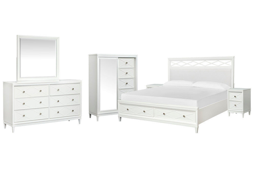 Magnussen - Springhouse Whisper White California King Upholstered Panel Storage Bed 2 Nightstands Double Drawer Dresser With Landscape Mirror And Door Chest - B5993-75A-KIT6 view 1