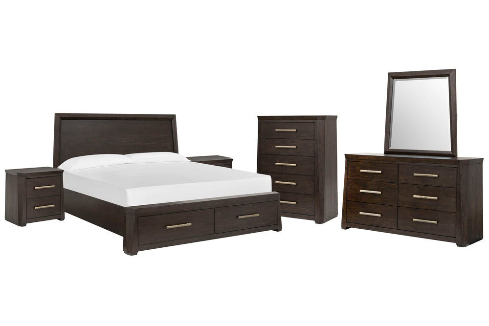Magnussen - Tauren Coffee Bean Cal.King Panel Storage Bed 2 Nightstands Double Drawer Dresser With Shaped Mirror And Drawer Chest - B6434-74A-KIT5 view 1