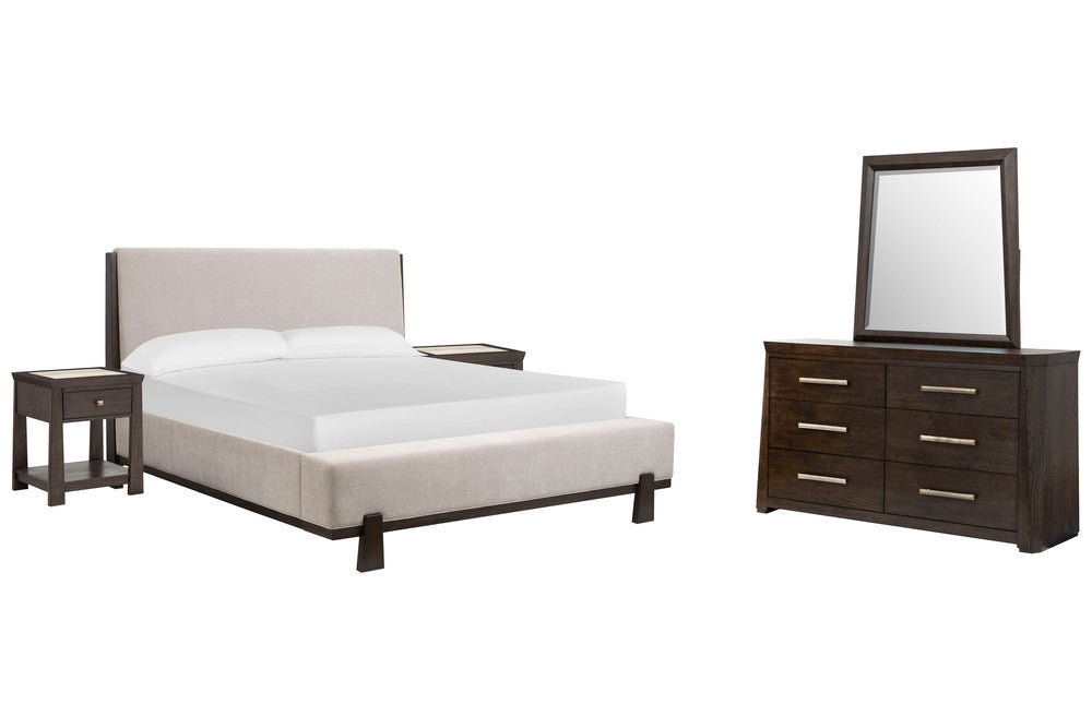 Magnussen - Tauren Coffee Bean Cal.King Upholstered Panel Bed 2 Open Nightstands And Double Drawer Dresser With Shaped Mirror - B6434-75-KIT8 view 1