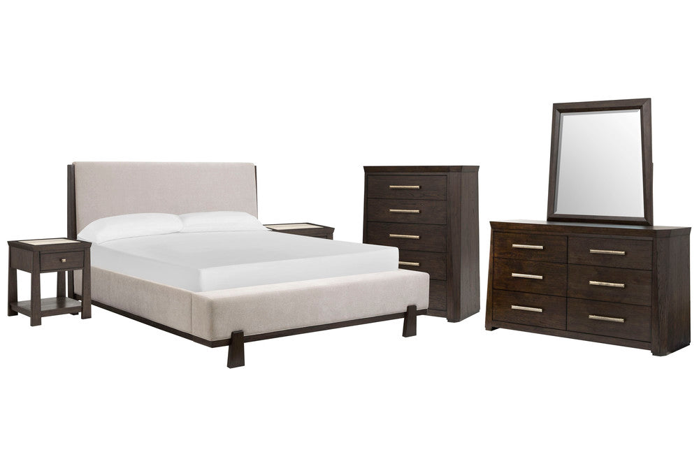 Magnussen - Tauren Coffee Bean Cal.King Upholstered Panel Bed 2 Open Nightstands Double Drawer Dresser With Shaped Mirror And Drawer Chest - B6434-75-KIT9 view 1