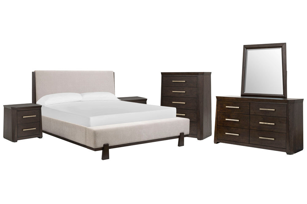 Magnussen - Tauren Coffee Bean Queen Upholstered Panel Bed 2 Nightstands Double Drawer Dresser With Shaped Mirror And Drawer Chest - B6434-55-KIT5 view 1