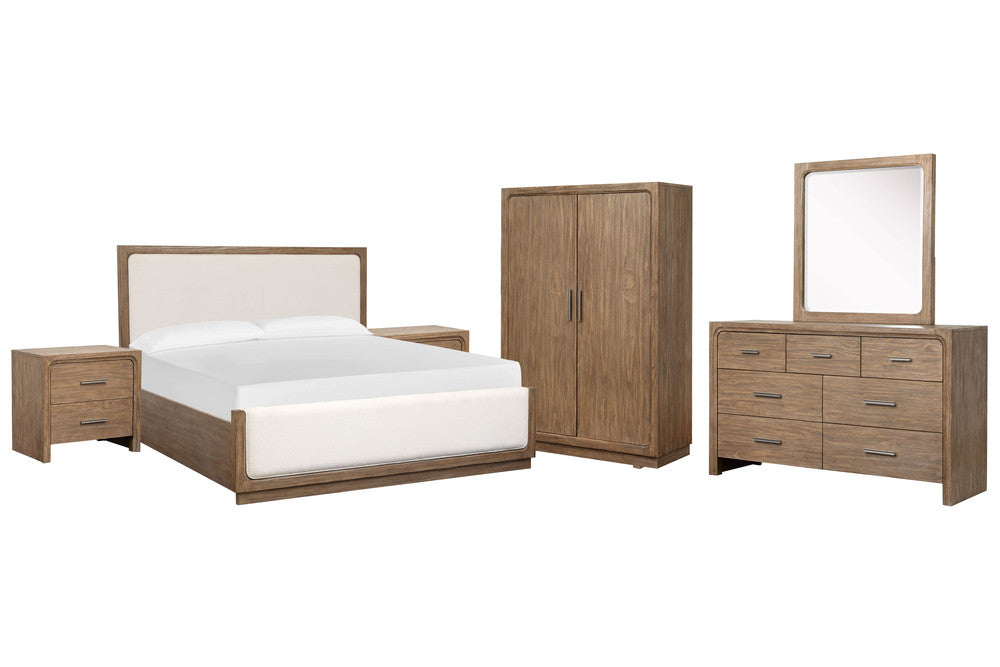 Magnussen - Westbourne Dark Umber Queen Upholstered Panel Bed 2 Nightstands Drawer Dresser With Portrait Mirror And Armoire - B5888-55-KIT6 view 1