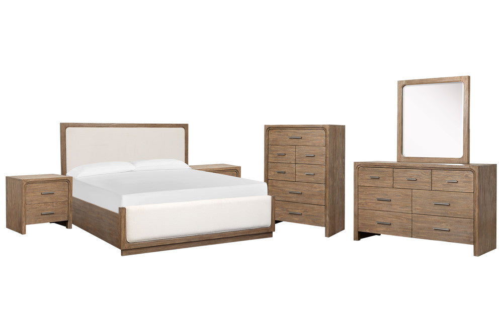 Magnussen - Westbourne Dark Umber Queen Upholstered Panel Bed 2 Nightstands Drawer Dresser With Portrait Mirror And Drawer Chest - B5888-55-KIT5 view 1