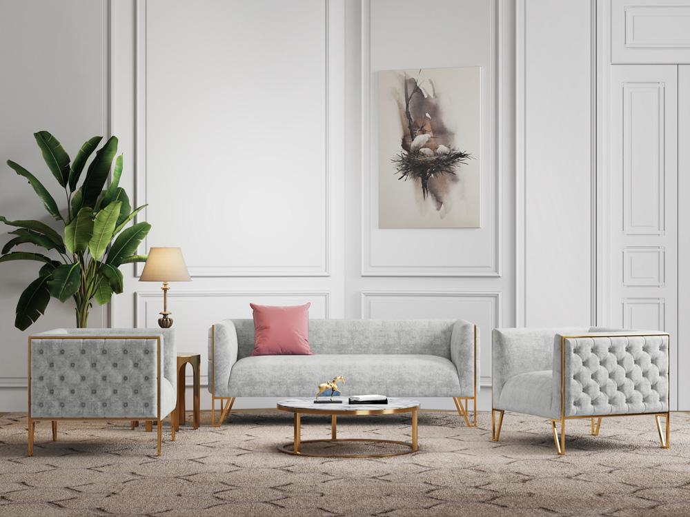 Manhattan Comfort - 3-Piece Vector Velvet Sofa and Arm Chair Set with Metal Legs in Grey and Gold - 3-SS548-GY veiw 8
