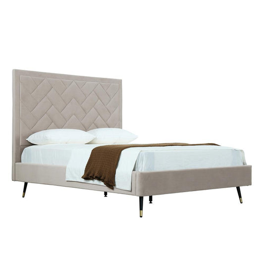 Manhattan Comfort - Crosby Velvet Queen-Size Bed with Metal Legs in Greige - BD009-QN-GE veiw 2