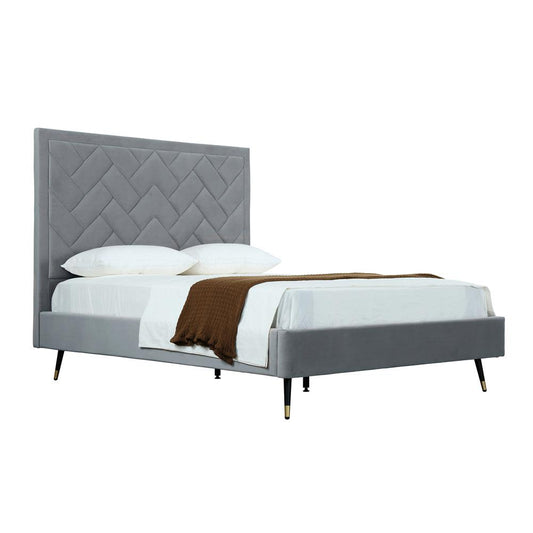 Manhattan Comfort - Crosby Velvet Queen-Size Bed with Metal Legs in Grey - BD009-QN-GY veiw 2
