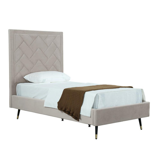 Manhattan Comfort - Crosby Velvet Twin-Size Bed with Metal Legs in Greige - BD009-TW-GE veiw 2