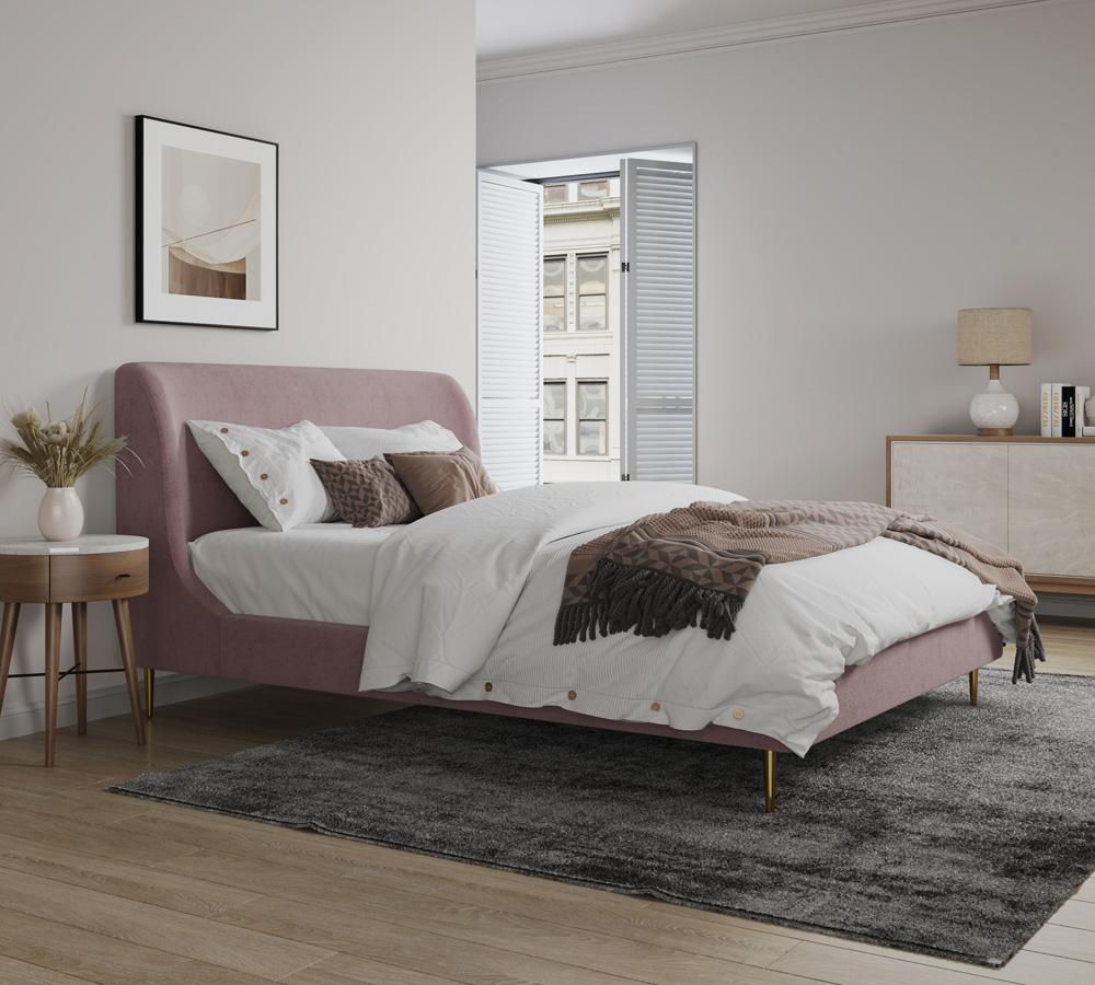 Manhattan Comfort - Heather Velvet Queen Bed with Metal Legs in Blush and Gold - BD003-QN-BH veiw 6