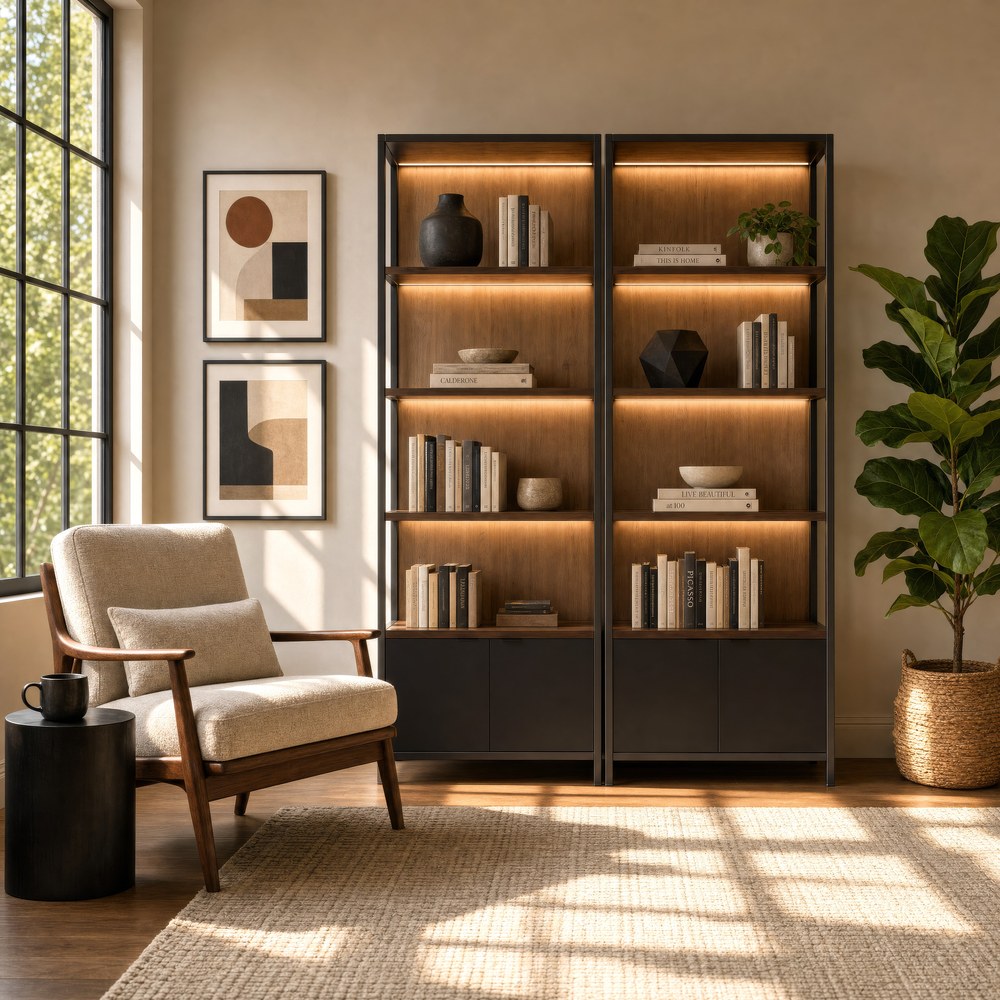 Martin Furniture - Marsden - Modern Open Bookcase Wall with Lowers Doors and Lights, Bookcase Shelves, Office Storage Unit, Fully Assembled, Black - IMMA3686DKIT2 view 1
