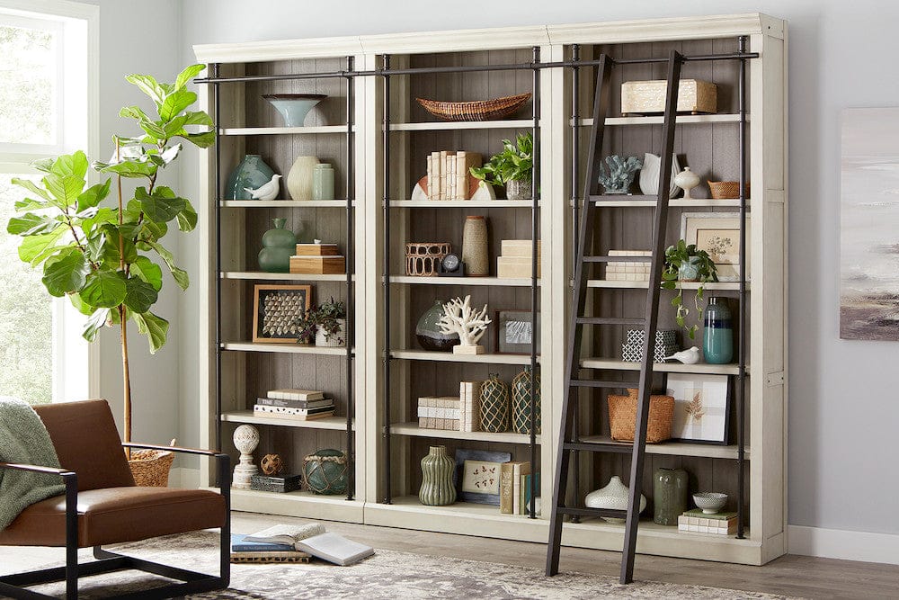 Martin Furniture - Toulouse - Fully Assembled 8' Tall Bookcase Wall With Ladder, Storage Organizer, Display Shelf Unit for Office, Living Room, Aged Chateau White - TE4094WKIT3PC view 7