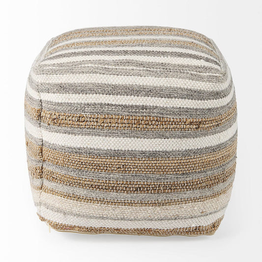 Mercana - Aahana 16.0L x 16.0W x 16.0H White/Taupe/Gray Striped Hemp and Cotton Pouf - 69502 view 2