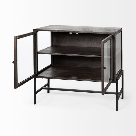 Mercana - Arelius 36L x 18W Black-Brown Wood, Black Metal Base w/ 2 Glass Doors Accent Cabinet - 69010 view 2