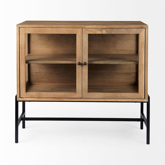 Mercana - Arelius 36L x 18W x 32H Light Brown Wood, Black Metal Base w/ 2 Glass Doors Accent Cabinet - 69226 view 2