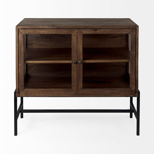 Mercana - Arelius 36L x 18W x 32H Medium Brown Wood, Black Metal Base w/ 2 Glass Doors Accent Cabinet - 69290 view 2