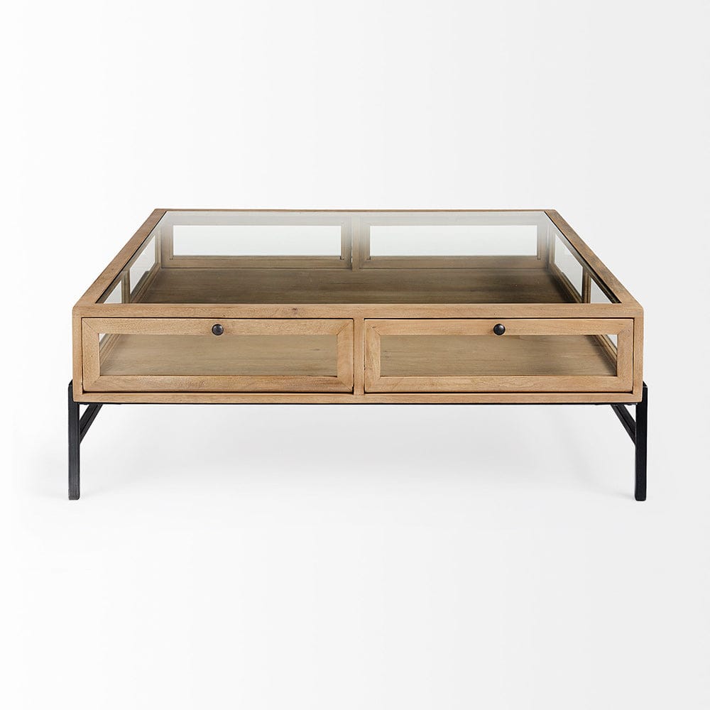 Mercana - Arelius 42" Square Glass-Top Light Brown w/ Black Metal Base Display Coffee Table - 69228 view 14