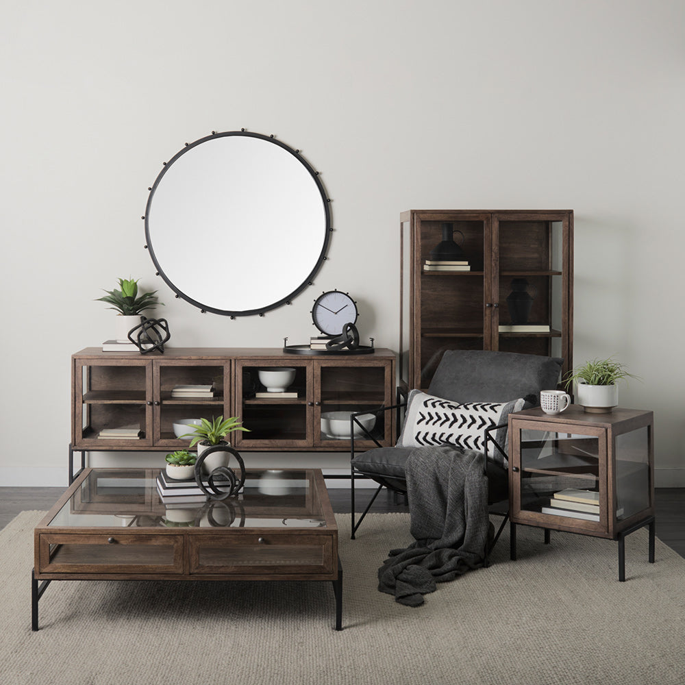 Mercana - Arelius 42" Square Glass-Top Medium Brown w/ Black Metal Base Display Coffee Table - 69296 view 12