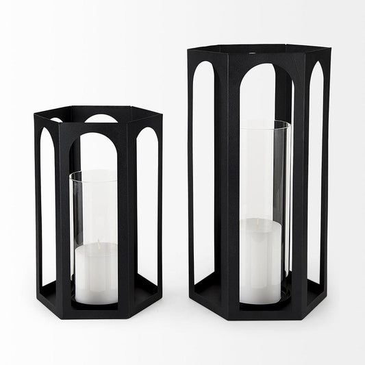 Mercana - Balley 9.4L x 9.4W x 19.7H Set of Two Matte Black Metal Hexagonal Candle Holder Lanterns - 69532 view 2