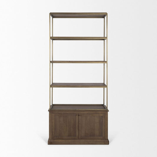 Mercana - Braxton Dark Brown Wood w/ Antiqued Aged Brass Metal 3 Tiers 2 Door Shelving Unit - 71118-AB view 2
