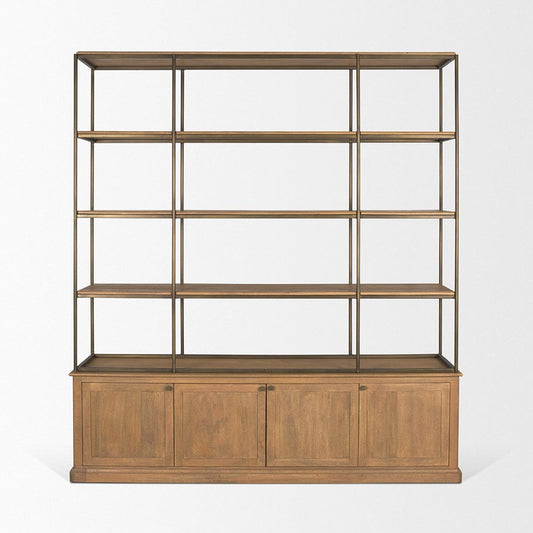 Mercana - Braxton Light Brown Wood w/ Antiqued Brass Metal 3 Tiers 2 Door Shelving Unit - 71115-AB view 2