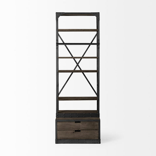 Mercana - Brodie VII 32L x 22W x 94H Brown Wood Gun-Metal Bracing Four Shelf Shelving Unit - 50372-AB view 2