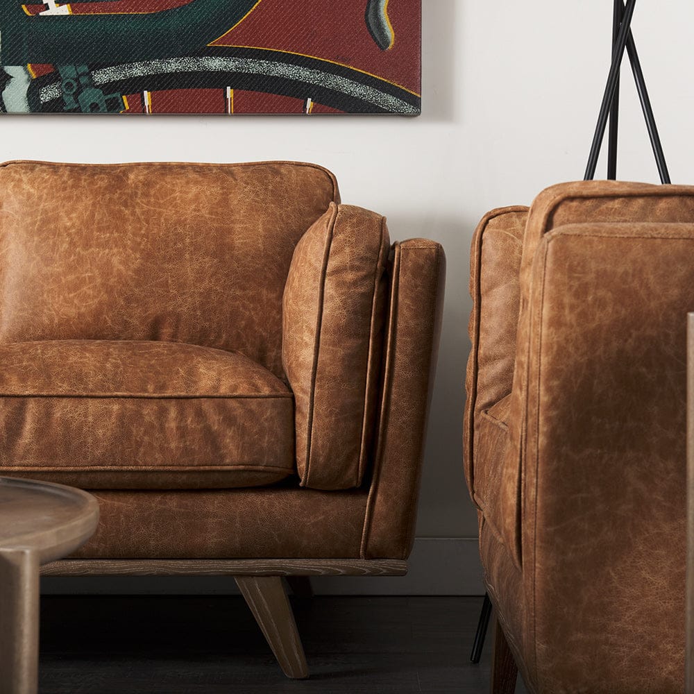 Mercana - Brooks 90.2L x 34.8W x 33.5H Cognac Brown Faux Leather Three Seater Sofa W/ Medium Brown Wooden Legs - 69619 view 13