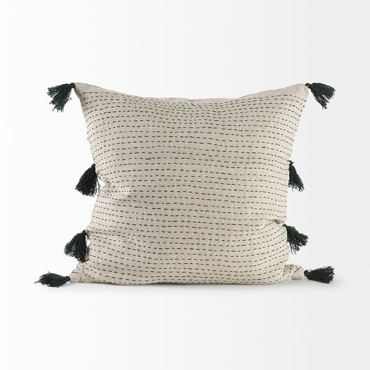Mercana - Charmaine 18.0L x 18.0W x 0.2H Beige and Green Fabric W/Fringe Decorative Pillow Cover - 69411_CLOSEOUT view 2