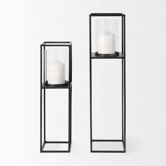 Mercana - Cindy Matte Black Metal and Hurricane Glass Pillar Tabletop Candle Holders (Set of 2) - 69849 view 2